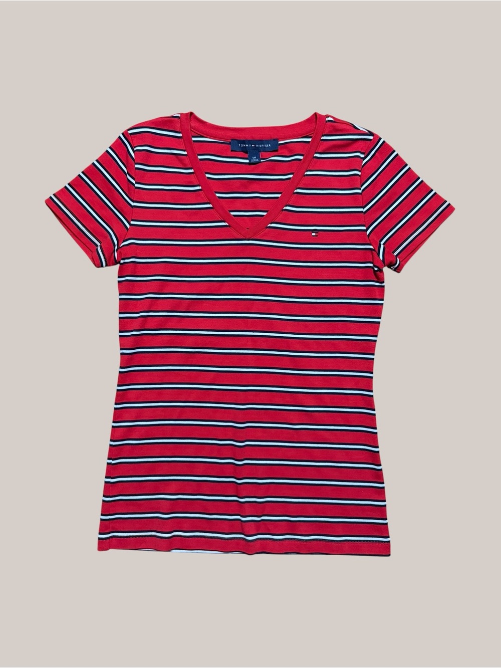 Tommy Hilfiger red, white & blue striped V-neck top